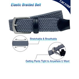 CHCSTAR Braided Elastic Leather Men Belt - Stretch Casual Belt for Men Big and Tall for Jeans Pants - Grey 51