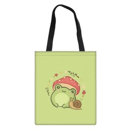 Showudesigns Mushroom Frog Tote Bag School Bookbag Eco-friendly Cloth Bag Reusable Canvas Totes Kitchen Grocery Bags for Women Portable Shopping Handbag Cute Snail Green