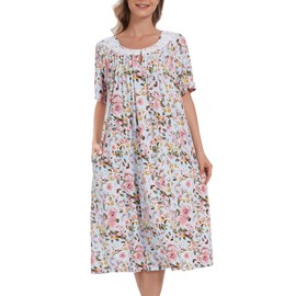 COSUNIONY Cotton Nightgowns for Women Soft Sleep Dress Ladies Short Sleeve Sleepwear with Pockets (Sky Blue Flower, Medium…