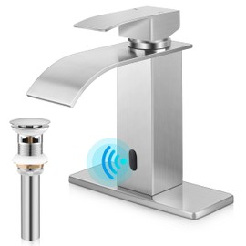 Herogo Touchless Bathroom Sink Faucet, Automatic Sensor Brushed Nickel Waterfall Stainless Steel Bathroom Faucet with Brass Pop Up Drain for Vanity RV Lavatory Farmhouse