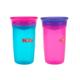 Nuby Wonder Cup with 360 Smart Edge Silicone Rim - (2-Pack) 10 oz - No-Spill Sippy Cup for Toddlers - Pink/Blue