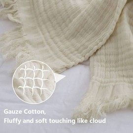 Simple&Opulence Cotton Muslin Throw Blanket for Bed, Couch, Knit Woven Gauze Blanket with Tassels, Soft Lightweight Cozy Pre-Washed Breathable Farmhouse Decoration for All-Season (Cream)
