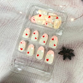 Pink French Tip Press on Nails Short Almond Love Heart False Nails with Design Valentine's Day Nails Artificial Acrylic Nails Full Cover Reusable Glossy Coffin Fake Nails Glue on Nails for Women