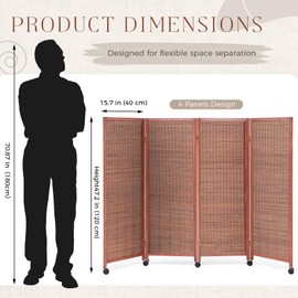 Yoojahow 4 Panel Rolling Bamboo Short Room Divider with Wheels, 3.9FT Tall, Movable Folding Privacy Screen, Freestanding Partition for Loft, Apartment, Studio & Home Office, Brown