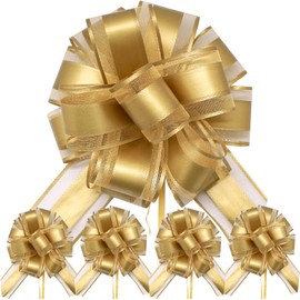 FQTANJU 5 PCS 6 inches Large Pull Bows, Bow for Gift Wrapping, Ribbon Bows for Wedding Christmas Birthday Party Gift Baskets or Valentine's Day Flower Gift Boxes Decoration (Gold)