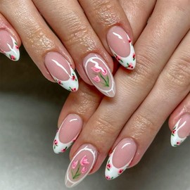 SINHOT Almond Press on Nails Medium - Flower Fake Nails Glossy Glue on Nails White French Tip Nails False Nail with Design DIY 24 pcs