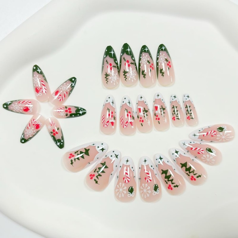 Christmas Press on Nails Almond French Tip Fake Nails Medium