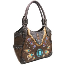 Zelris Turquoise Stone Concho Peacock Feather Women Conceal Carry Tote Purse Bag (Brown)