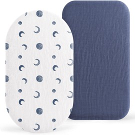 Susurration Basket Sheets, 2 Pack Muslin Cotton Bassinet Sheets Fits Oval and Rectangle Crib Bassinet Mattress, Breathable and Skin-Friendly for Baby Boy and Girl (BlueMoon & Royal Blue)