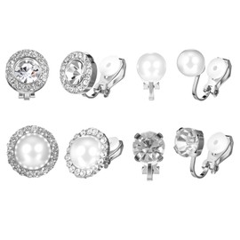 4 Pairs Cubic Zirconia Clip on Earrings Silver Rhinestone Fake Earrings Round Pearl Clip Earrings for Women Non Pierced Stud for Dance Stage Opera Performance Wedding Party Jewelry