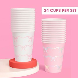 SWEETFREE 24PCS Bow Party Paper Cups - 14oz Disposable Foil Cups for Bachelorette Decorations, Bow-Themed Birthday, Bridal Shower, and Engagement Drinkware