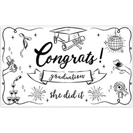 Luminora 72x43inch Black and White Line Sketch Graduation Backdrop She Did It Bachelor Cap Medals Background Grad Congrats Prom Party Decoration Photo Props