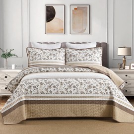 Quilta 100% Cotton Queen Size Quilt - Brown Boho Bedding Set 3pcs, Farmhouse Coverlet, Soft and Breathable Bohemian Striped Bedspread for All Seasons (1 Quilt, 2 Pillow Shams)