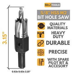McJ Tools 5/8 Inch HSS M2 Drill Bit Hole Saw for Metal, Steel, Iron, Alloy, Ideal for Electricians, Plumbers, DIYs, Metal Professionals