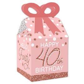 Big Dot of Happiness 40th Pink Rose Gold Birthday - Square Favor Gift Boxes - Happy Birthday Party Bow Boxes - Set of 12