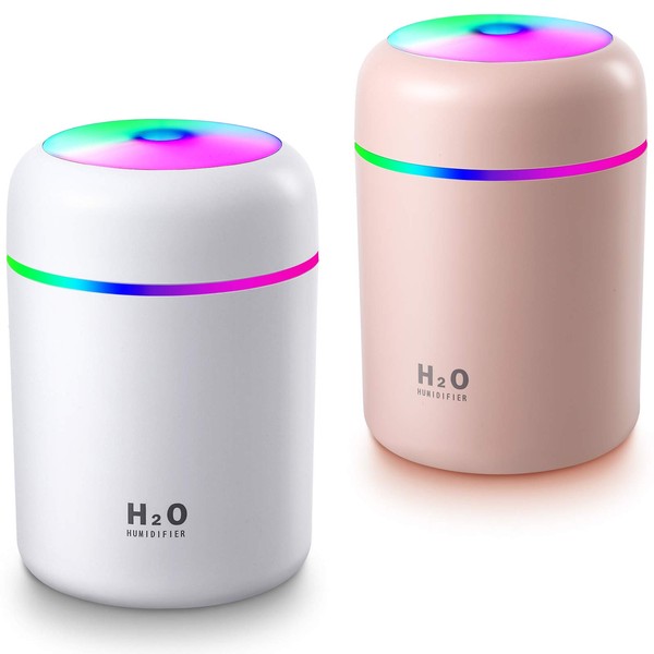 2 Pieces Cool Mist Humidifiers, Portable Mini Humidifiers, 300 ml, Quiet USB Personal Desktop Humidifier, Small Humidifiers with 2 Mist Modes and Auto Shut Off for Bedroom Home(Pink, White)