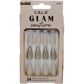 CALA - "Glam Couture" uñas postizas medianas (24 uñas en 12 tamaños, color almendra y con brillo)