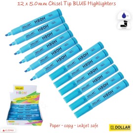 DOLLAR Neon HL5 Highlighter Pens, BLUE, Pack of 12, Chisel Tip (5.0mm), Multipack, Fast-drying, Fluorescent Colour, Perfect for School Office Home Highlighters