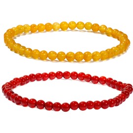 Jewboo 2Pcs Genuine Semi Gems Friendship Beaded Bracelets for Women Crystals and Gemstones Stretch Healing Bracelets Beads 4mm (Yellow & Red Agate)