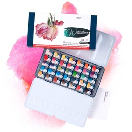 7 Artists Botanical Watercolour Paints Pink Gallery Set 35 x Bowls Vibrant Colours, High-Quality Artist Watercolour in Multi-Purpose Metal Box with Mixing Palette, Artist Watercolour Box