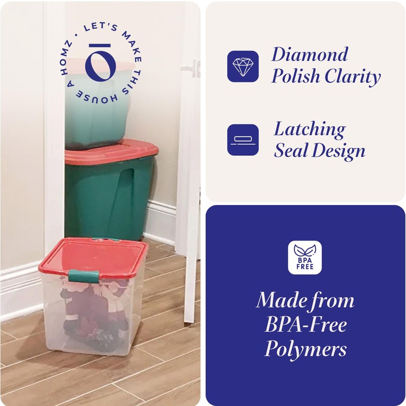 HOMZ 4-Pack Holiday Tote, Clear Plastic Storage Bins w/ Lids