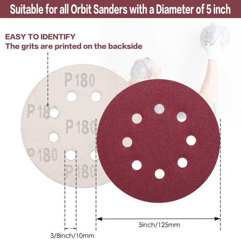 STEBRUAM 100PCS 125mm Sanding Discs 180 Grit, 5 Inch 8