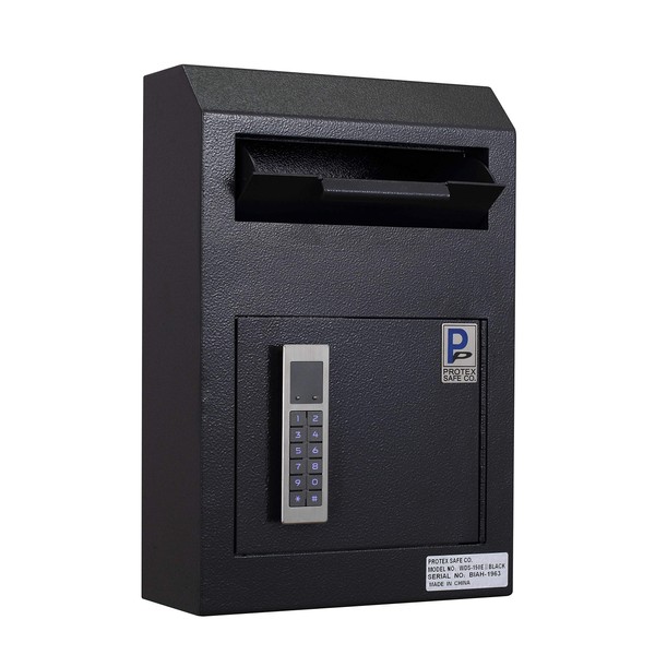 ProtexSafe Wall Mount Drop Box(WDS-150E II)-Black, Piano hinge, secure suggestions, ballots, keys, mail, money, rent checks and more, Metal baffle to protect slot, electronic lock