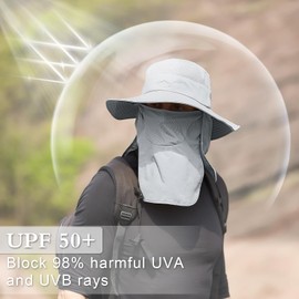 TAGVO Sun Hat with Removable Neck Flap, UPF 50+ Protective Hats, Hiking Hat for Outdoor, Camping, Hiking, Walking, Travel, Foldable Fishing Hat, Fishing Hat - Adjustable Chin Strap, lightgrey