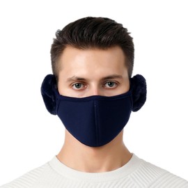 TecHong Unisex Winter Warm Windproof Mask with Fluffy Ear Covers - Thick Dustproof Breathable Mouth Cover Half Face Earflaps Navy Blue