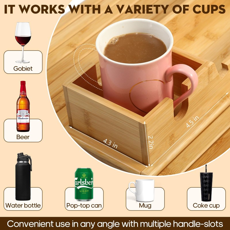 Bamboo Couch Arm Tray with Detachable Cup Holder, 2 in