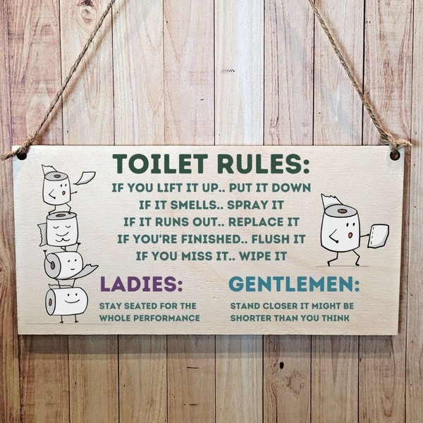 Second Ave Funny Joke Toilet Rules Wooden Hanging Gift Rectangle Home Bathroom Sign Plaque