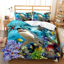 CVHOUSE Shark Duvet Cover Queen Size,Ocean Sea Bedding Set,Beach Comforter for Boys Kids Teens,1 2 Pillowcases 3 Piece Queen 89'x89'