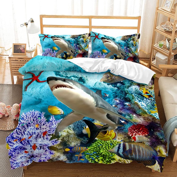 CVHOUSE Shark Duvet Cover Queen Size,Ocean Sea Bedding Set,Beach Comforter