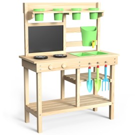 Cedar Wood Outdoor Play Kitchen for Kids, Mud Kitchen with Water Faucet, Dual-Sided Chalkboard, Storage Shelves, Cups, Removable Sink, and Pretend Stove – Backyard Toddler Playset for Boys and Girls