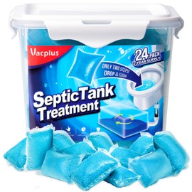 Vacplus Septic Tank Treatment - 24 Packs for 2-Year Supply, Bucket-Packed Septic Tank Treatment Packets, Dissolvable & Flushable Septic Tank Treatment Enzymes with Easy Operation for Wastes & Odors
