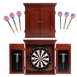 GSE Games & Sports Expert Professional Solid Wood Classic Dartboard Cabinet with Sisal/Bristle Dartboard, Scoreboard, and 6 Steel Tip Darts, Easy Assembly Complete with All Accessories (Premium Brown)