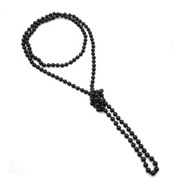 Long Layered Pearl Y Necklace - Boho 6mm Fake Pearls Beaded Choker Layering Statement Necklaces (Black)