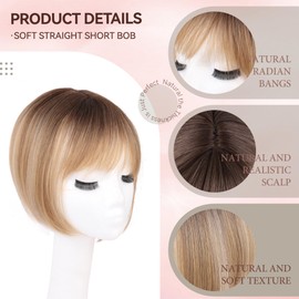 LEEONS Hair Toppers for Women Bob Toppers Hair Pieces for Women with Thinning Hair Short Bob Wig Toppers with Clip in Bangs Hair Pieces for Women (Dark Blonde with Dark Root)