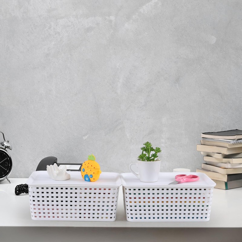 Hespama White Lidded Storage Baskets, Plastic Desktop Organizer Baskets, 6