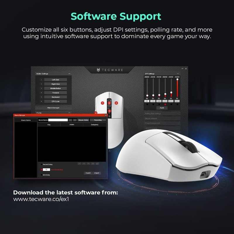 TECWARE EX1 Lightweight Gaming Mouse | 26K DPI Wireless Mouse