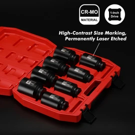 CASOMAN 8PCS 1/2"Dr. Deep Impact Socket Set-SAE, 1-9/16" to 2", 6-Point, Spindle Axle Nut Impact Socket Set, CR-MO, Impact Grade