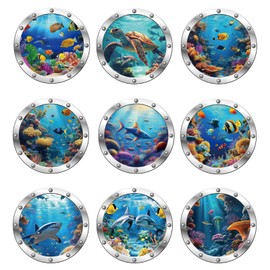 PLIGREAT 3 Sheets Ocean Porthole Wall Decals, 3D Ocean World Wall Stickers, Vinyl Underwater Animal Wall Decals Removable Peel and Stick Wall Decor for Bedroom Bathroom Living Room Nursery School