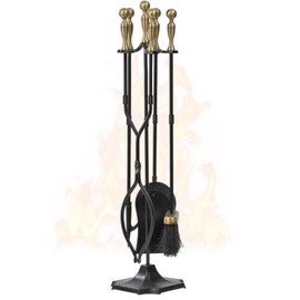 AMAGABELI Garden & Home 5 Pcs Fireplace Tools Brass Handles Wrought Iron Set Holder Indoor Outdoor Fireset Fire Pit Stand Rustic Tongs Shovel Brush Chimney Poker Wood Stove Hearth Accessories Kit