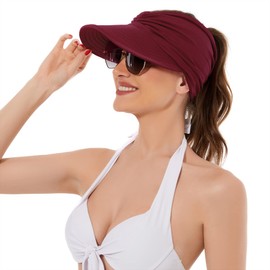 Zando Womens Wide Brim Sun Hat with UV Protection - Packable Visors for Summer, Beach, Tennis - Ponytail Hat - Wine Red
