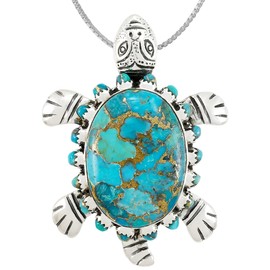 Turtle Turquoise Pendant Necklace 20" Sterling Silver 925 Genuine Gemstones (Teal/Matrix Turquoise)