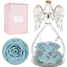 Miofula Preserved Flower Rose Birthday Gifts for Mom, Angels Figurines with Forever Real Rose Gifts for Women Mom Grandma, Angels Gifts for Christmas Thanksgiving Anniversary Birthday Gift (Pale Blue)