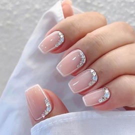 RUOKEXIN Medium Press on Nails Coffin Fake Nails Sparkly False Nails with Rhinestones Designs Ballet Nail Press ons Glossy Artificial Nails Cute Stick on Nails for Women 24Pcs