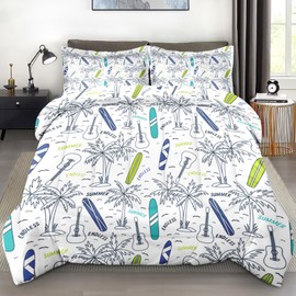 Pamnest Comforter Set Full Size, Palm Leaf Guitar Soft 3 Pcs Bedding for Kids and Adults, Surfboard Surf Shark Comforter Set with 2 Pillowcases for Bedroom Bed Decor