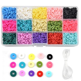 Polymer Clay Beads Set - 2850 Pieces 6 mm Vinyl Discs, Flat Round Loose Spacer Beads for DIY Jewellery Making - Earrings, Bracelets, Necklaces with 10 m Cord (15 Colours), Multicoloured