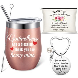 Potchen 3 Pieces Godmother Gifts from Godchild, 12 oz Thank You for Being My Godmother Wine Tumbler Keychain Makeup Bag for Christmas Mother's Day